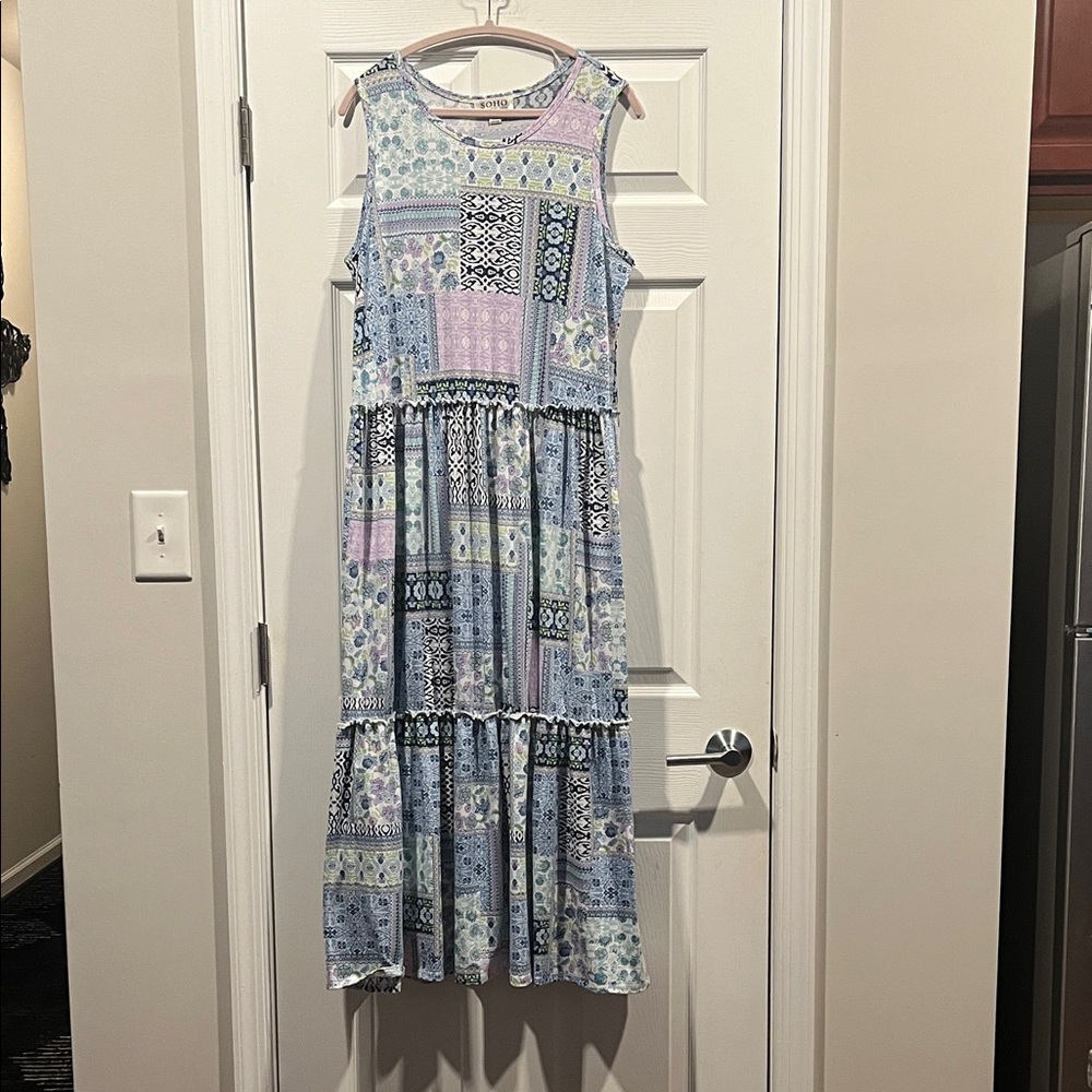 Soho Women’s Sleeveless Patchwork Maxi Dress - Blue and Pink BoHo Cottage Core